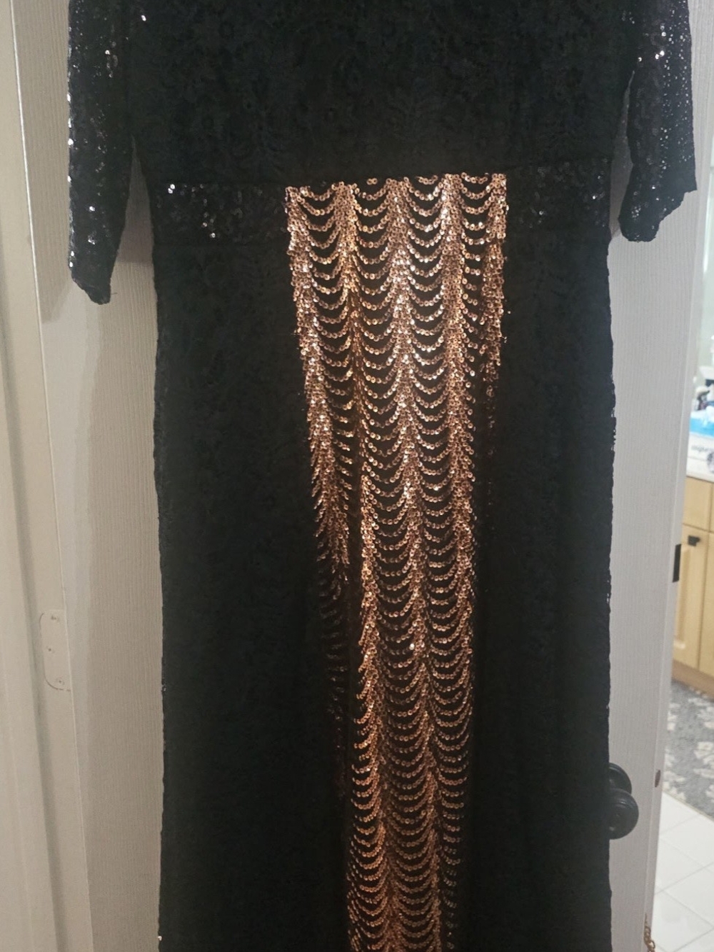 Kiyonna Black Maxi Dress with Gold Sequin Center Panel